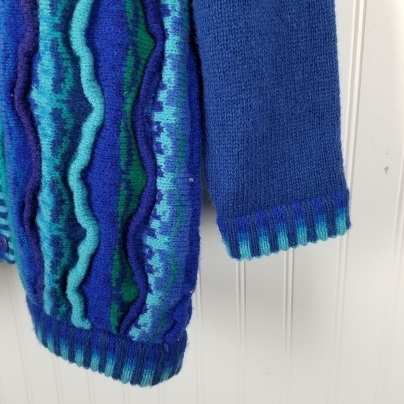 Tulchan Men's Coogi Style Vintage Wool Cardigan Sweater 3D Blue Green Size S/M - Picture 11 of 14